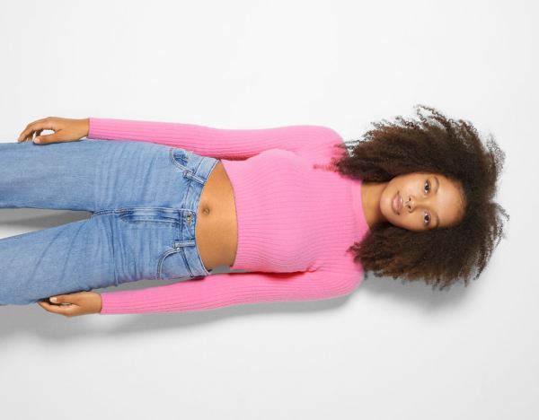 Pink Women's Bershka Crew Neck Ribbed Microfur Sweater Sweaters | R8GLwdkQmgA