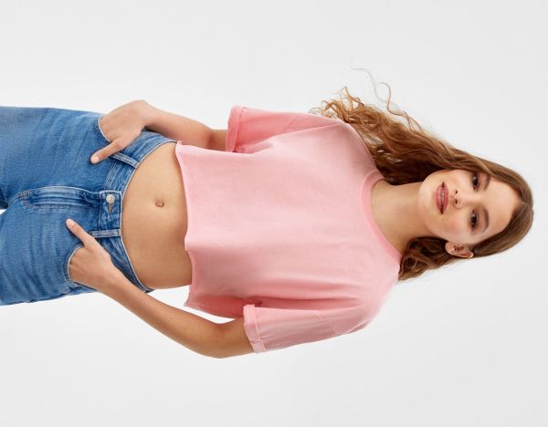 Pink Women's Bershka Short Sleeve Cropped T Shirts | JTqIg7sWCFS