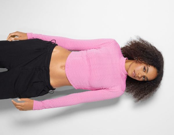 Pink Women's Bershka Textured Long Sleeve T Shirts | 7EmpGMqXYKY