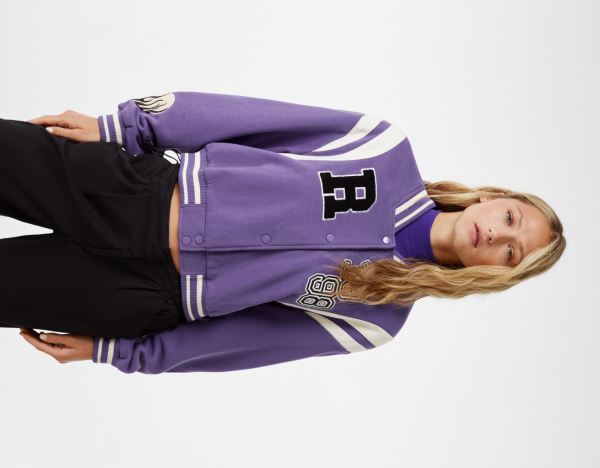 Purple Women's Bershka Cropped Varsity Jackets | ebGYYvT9g4Z