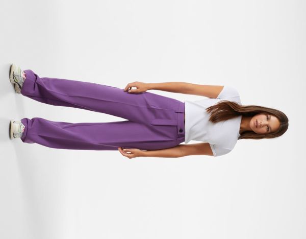 Purple Women's Bershka Straight-fit Tailored Pants | EqPbzjqAP2Z