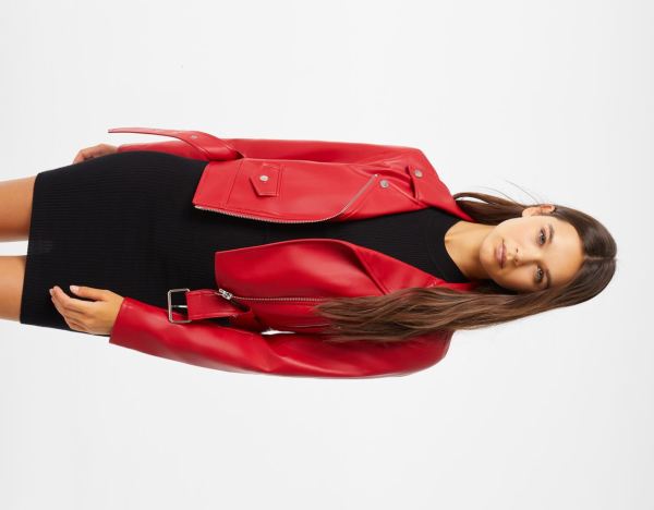 Red Women's Bershka Belted Faux Leather Biker Jackets | HLyXXn5kt7X