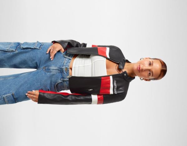 Red Women's Bershka Faux Leather Racing Biker Jackets | jq7aWJctAUH