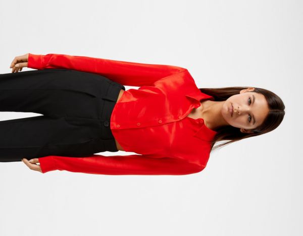 Red Women's Bershka Long Sleeve Cropped Fitted Satin Shirts | mq8DBhcVbit