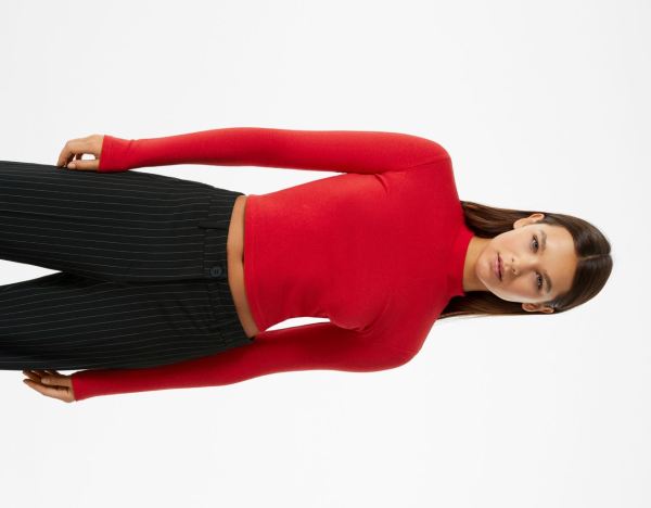 Red Women's Bershka Long Sleeve High Neck T Shirts | i9uc6XoUM1H