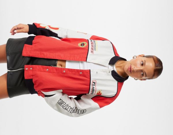 Red Women's Bershka Racing Print Bomber Jackets | RD3pe9hSnPG