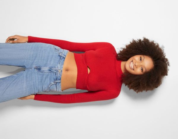 Red Women's Bershka Ribbed Cropped Sweater With Neckline Detail Sweaters | 64tZ1i6w6cI