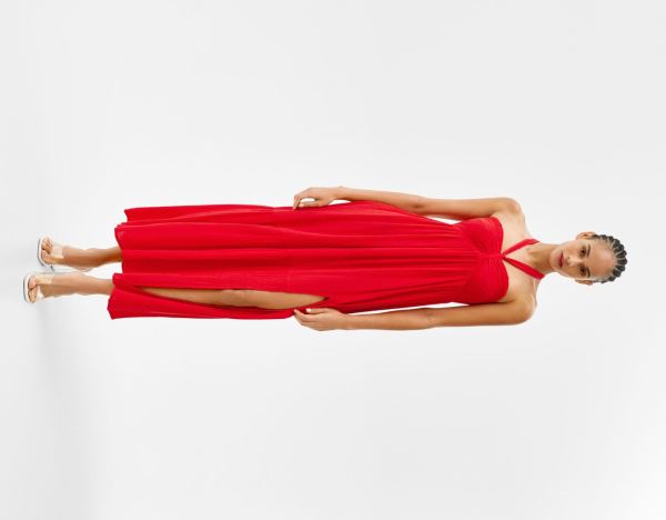 Red Women's Bershka Ruffled Crepe Long Dress | E7LMe5wdQAU