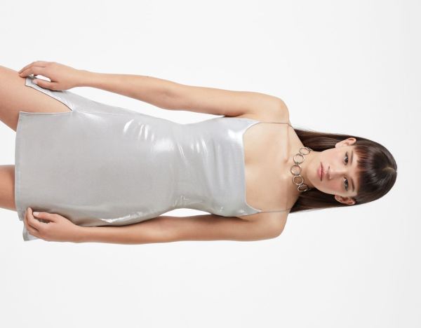 Silver Women's Bershka Laminated-effect Mini Dress | PJWZ6Tq877T