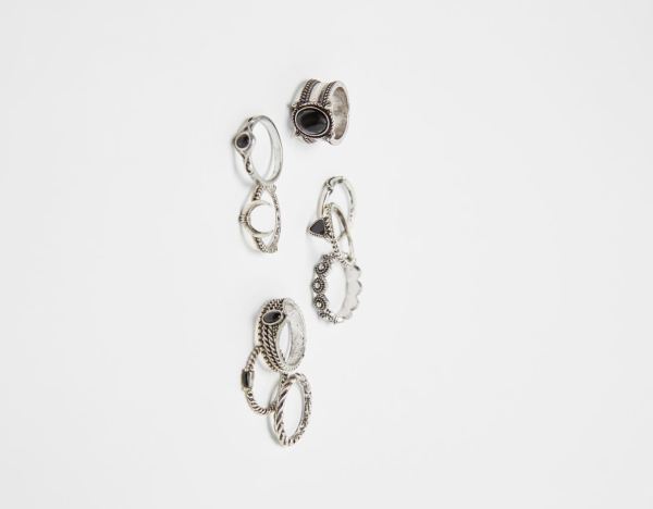 Silver Women's Bershka Set Of 9 Precious Stone Rings Jewelry | FIFDypP2jGY