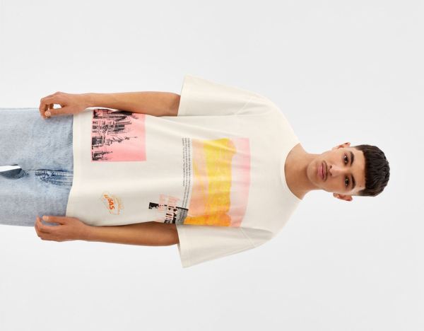 White Men's Bershka Medium-fit Short Sleeve With Photo Print T Shirts | 1hBnQrjbzxx