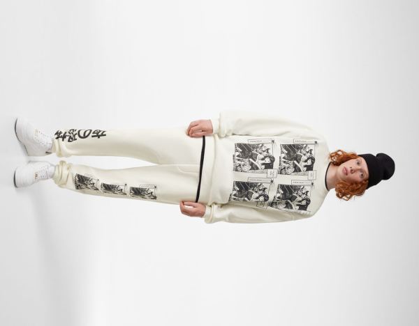 White Men's Bershka Plush Oversize Sweat With An Anime Print Pants | iBEvwFs7ylE