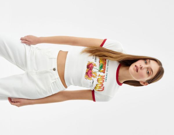 White Women's Bershka Printed Ribbed Short Sleeve T Shirts | JyLEcXgfzmm