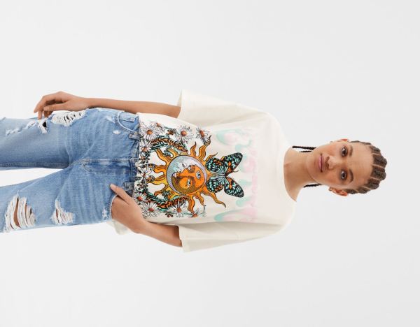 White Women's Bershka Short Sleeve Printed T Shirts | Ja9CxGpRwZj