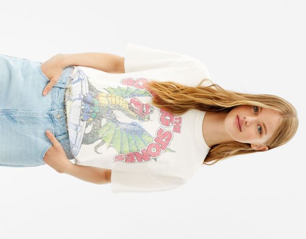 White Women's Bershka Short Sleeve Rolling Stones Print T Shirts | qk8VHauuRE3