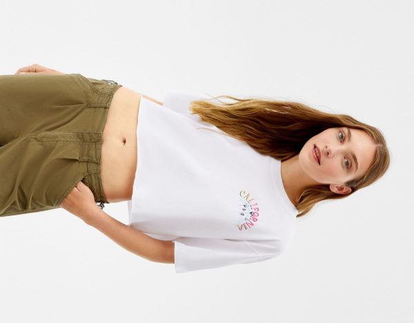 White Women's Bershka Short Sleeve With Print T Shirts | u3BRt9NoaXp