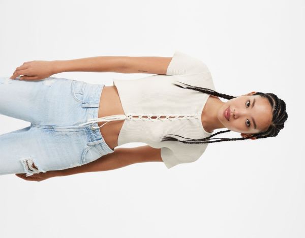 White Women's Bershka Short Sleeve With Central Lace-up Tops | yV8Pko9yABz