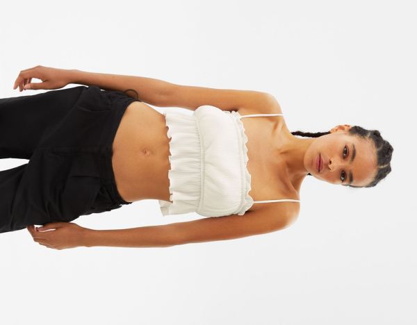 White Women's Bershka Strappy Gathered Pleated Tops | LpVclipvg8J