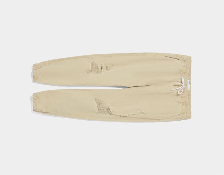 Beige Men's Bershka Ripped Jogger Jeans | JPgjEgyMiEa