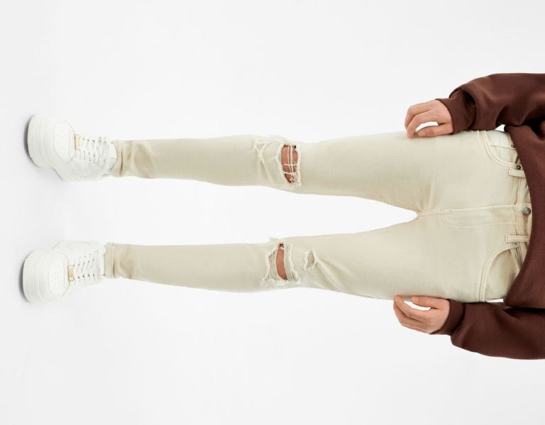 Beige Men's Bershka Super Skinny Ripped Jeans | 9tybWgOezfi