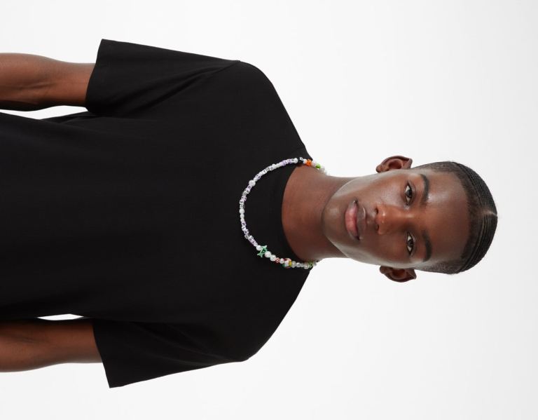 Black Men's Bershka Beaded Necklace With Slogan Jewelry | yA9q1NDCNro