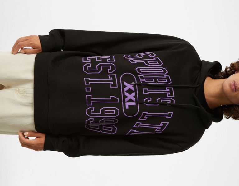 Black Men's Bershka College Print Hoodie | CiVDtAl2Cna