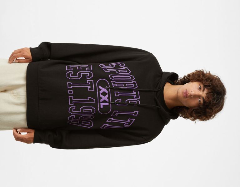 Black Men\'s Bershka College Print Hoodie | CiVDtAl2Cna