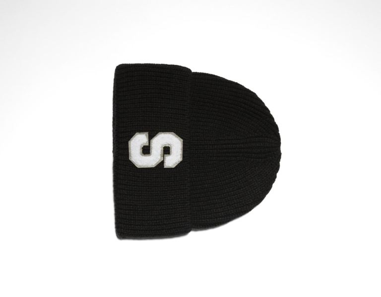 Black Men's Bershka Embroidered Varsity Beanie Caps | fMiTle3mbjn