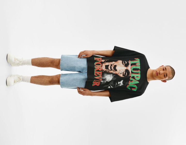 Black Men's Bershka Extra Loose Short Sleeve Tupac T Shirts | VPNvllWviUJ