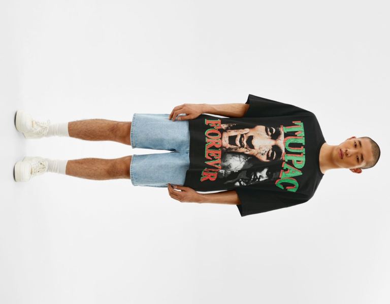 Black Men's Bershka Extra Loose Short Sleeve Tupac T Shirts | YH8XhT8gINl