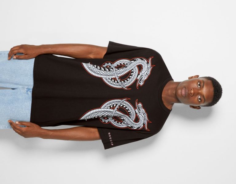 Black Men\'s Bershka House Of Dragons Oversize Boxy-fit T Shirts | jO7dgEtrEiT