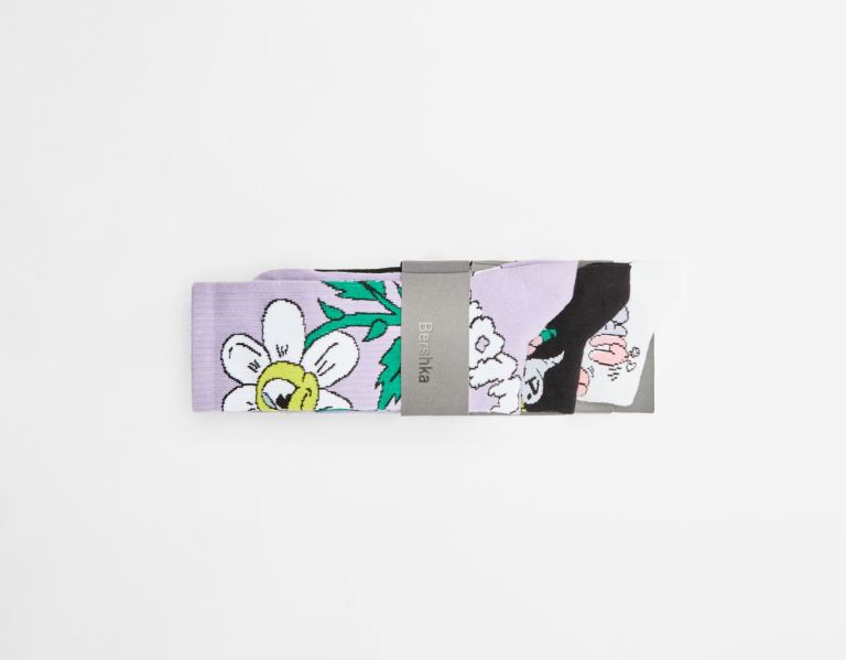 Black Men's Bershka Pack Of 3 Funny Print Socks | qyffbrkYYMR