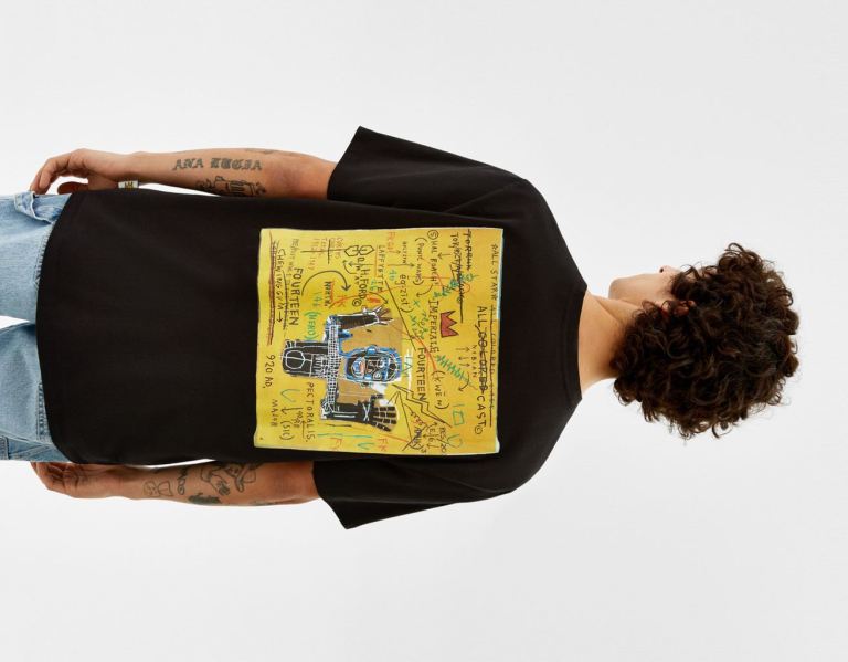 Black Men's Bershka Regular-fit Short Sleeve With A Jean-michel Basquiat Print T Shirts | HH3VnbgapxO