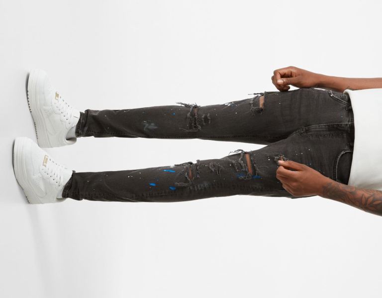 Black Men's Bershka Ripped Paint Splatter Skinny Jeans | O7OSIXd6nUQ