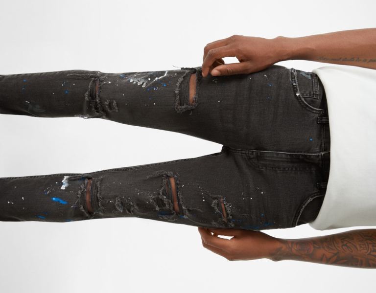 Black Men's Bershka Ripped Paint Splatter Skinny Jeans | O7OSIXd6nUQ