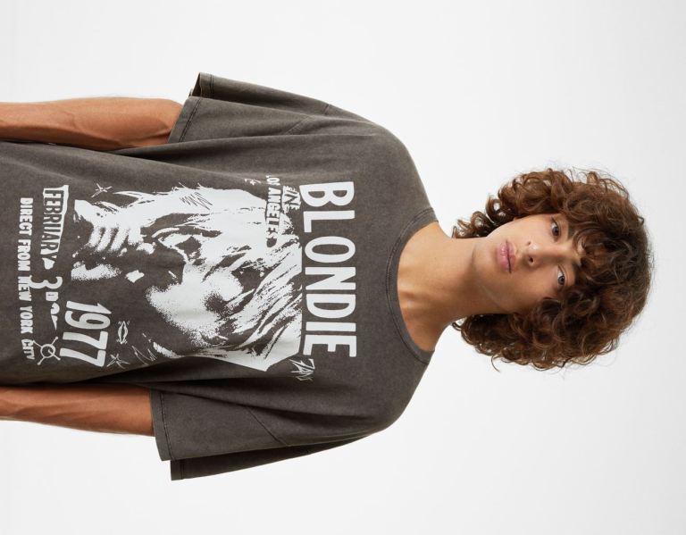 Black Men's Bershka Short Sleeve Blondie Print T Shirts | u18i3iSxcpX