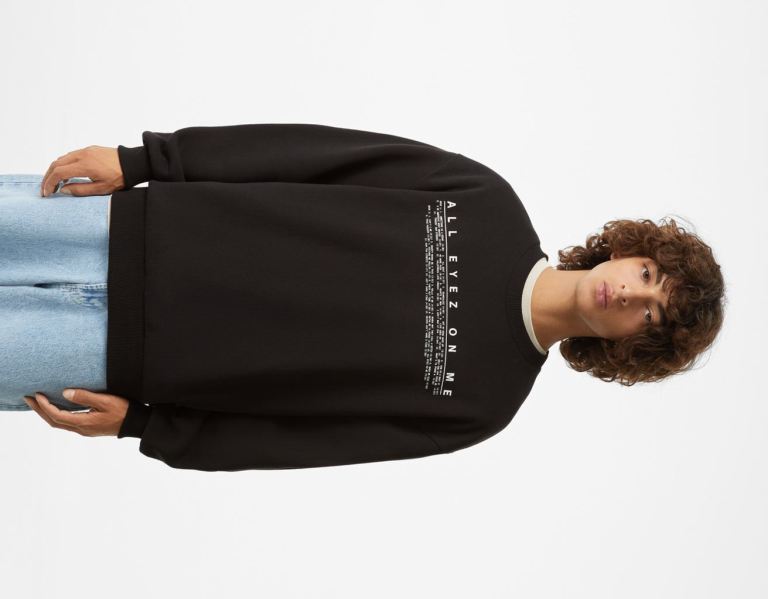 Black Men\'s Bershka Tupac Crew Neck Sweatshirts | 9NuCJaucVtg