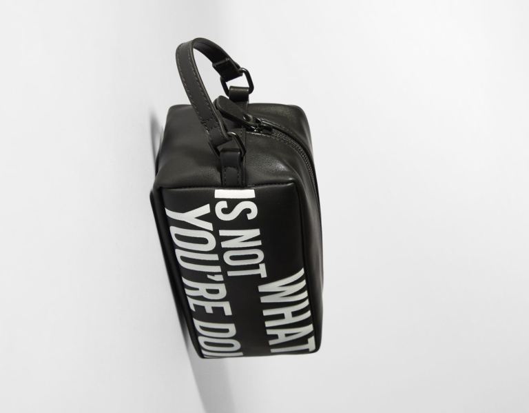 Black Men's Bershka Vanity With Lettering Bags | Gv9gbEww1M3