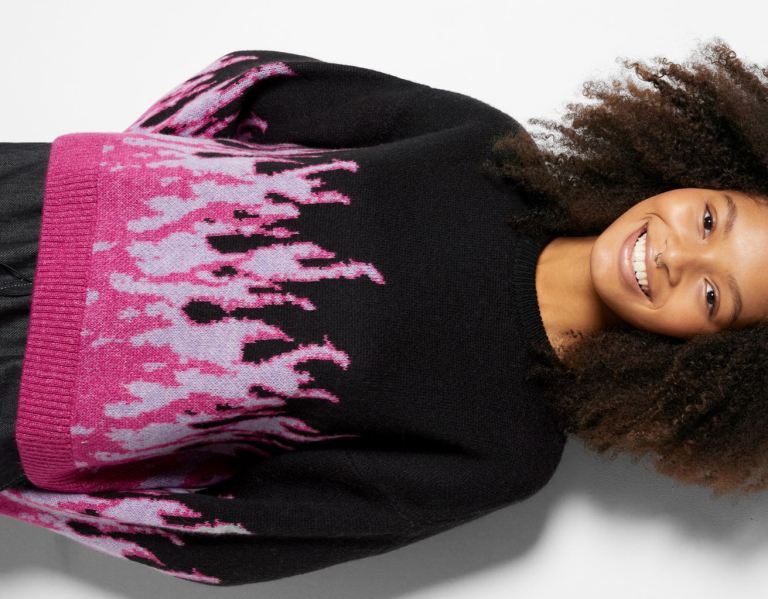 Black Women's Bershka Crew Neck Flame Sweater Knitwear | 5763u6DHhiR