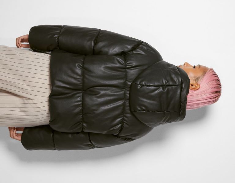 Black Women's Bershka Faux Leather Puffer With Hood Jackets | JV621XRplTX