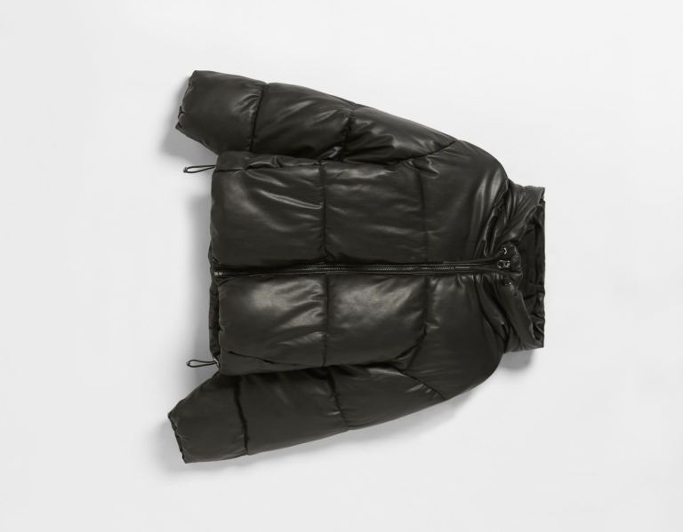 Black Women's Bershka Faux Leather Puffer With Hood Jackets | JV621XRplTX