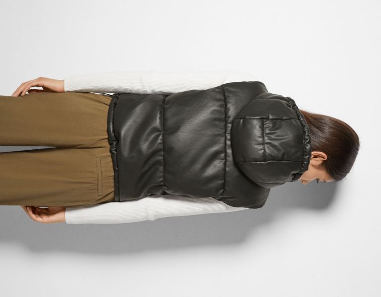 Black Women's Bershka Faux Leather Vest With Hood Outerwear | OCmDqJspOLA