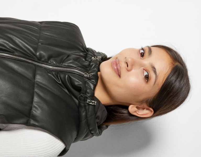 Black Women's Bershka Faux Leather Vest With Hood Outerwear | OCmDqJspOLA