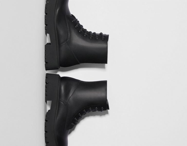 Black Women's Bershka Lace-up Flat Ankle Boots | dPY1j0E2WoS