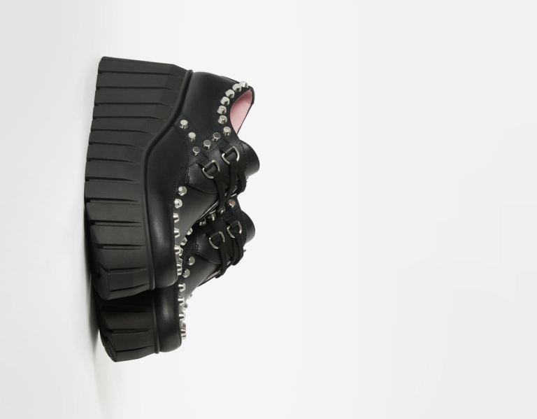 Black Women's Bershka Lace-up Platform Shoes With Studs Flat Shoes | pWunqPIbgm6