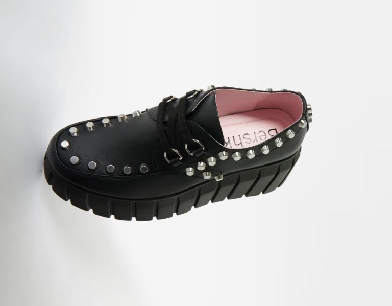 Black Women's Bershka Lace-up Platform Shoes With Studs Flat Shoes | pWunqPIbgm6