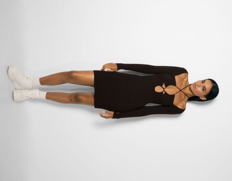 Black Women's Bershka Mini Dress With Long Sleeves And Cut-out Knitwear | FkLyPriOQJt