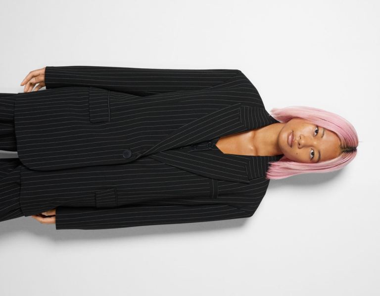 Black Women\'s Bershka Pinstripe Print Blazer Outerwear | r9enWmX9aTY