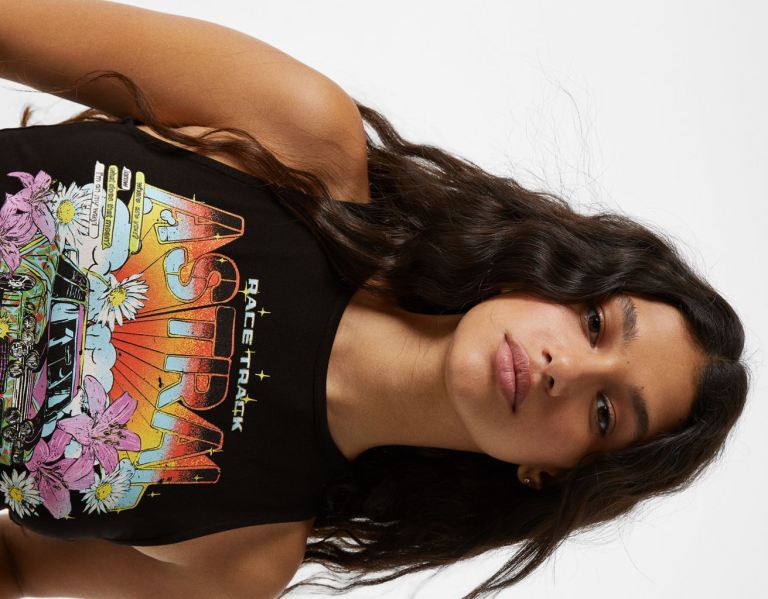 Black Women's Bershka Printed Tank Top With Open Back T Shirts | cMuTqV8kWjn