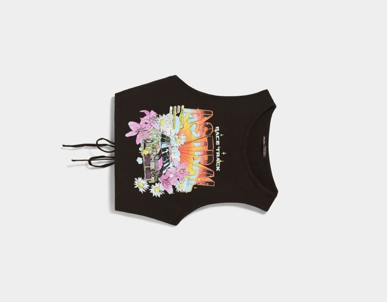 Black Women's Bershka Printed Tank Top With Open Back T Shirts | cMuTqV8kWjn